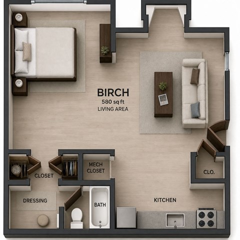 Floor plan for studio, 1 bath, 580 sqft